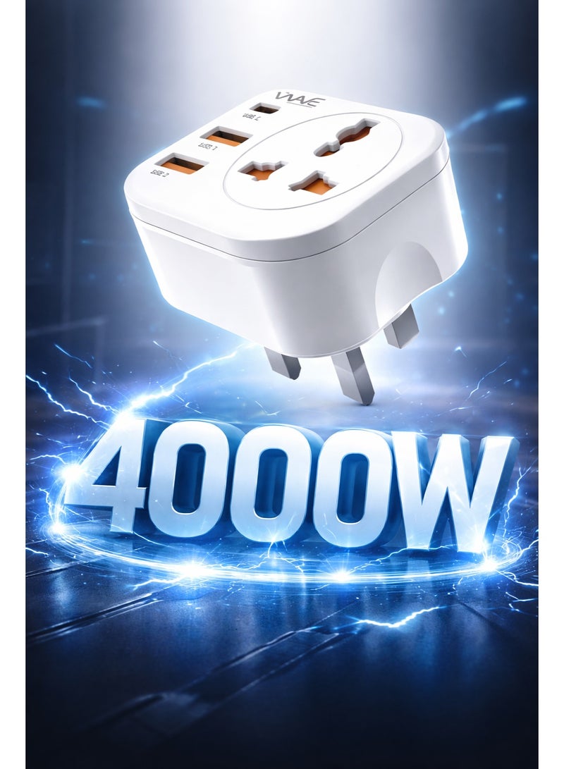The WAVE 4000W Multi Plug Power Adapter with 4 USB Ports – Universal Socket Extension Wall Charger – Fast Charging, Smart Protection - Image 2